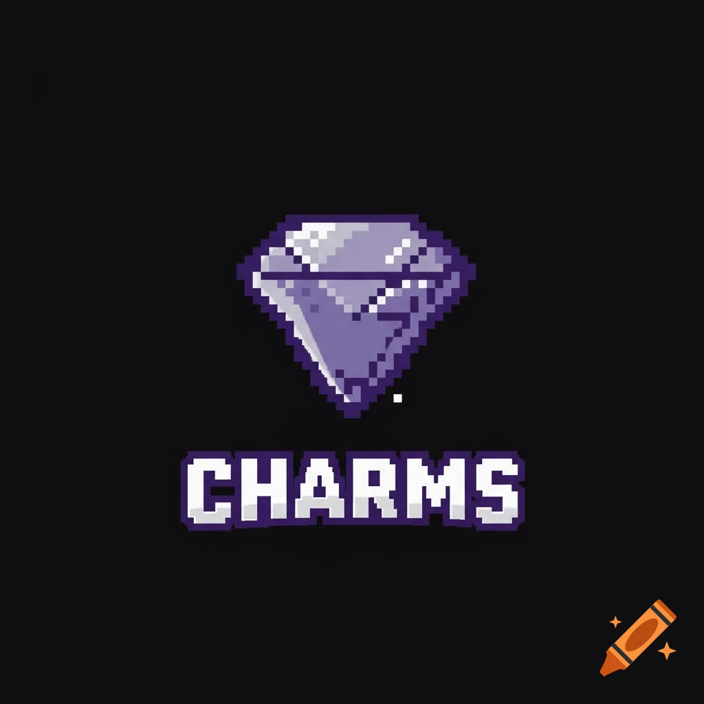Pixelated logo with a purple diamond above the word CHARMS on black.