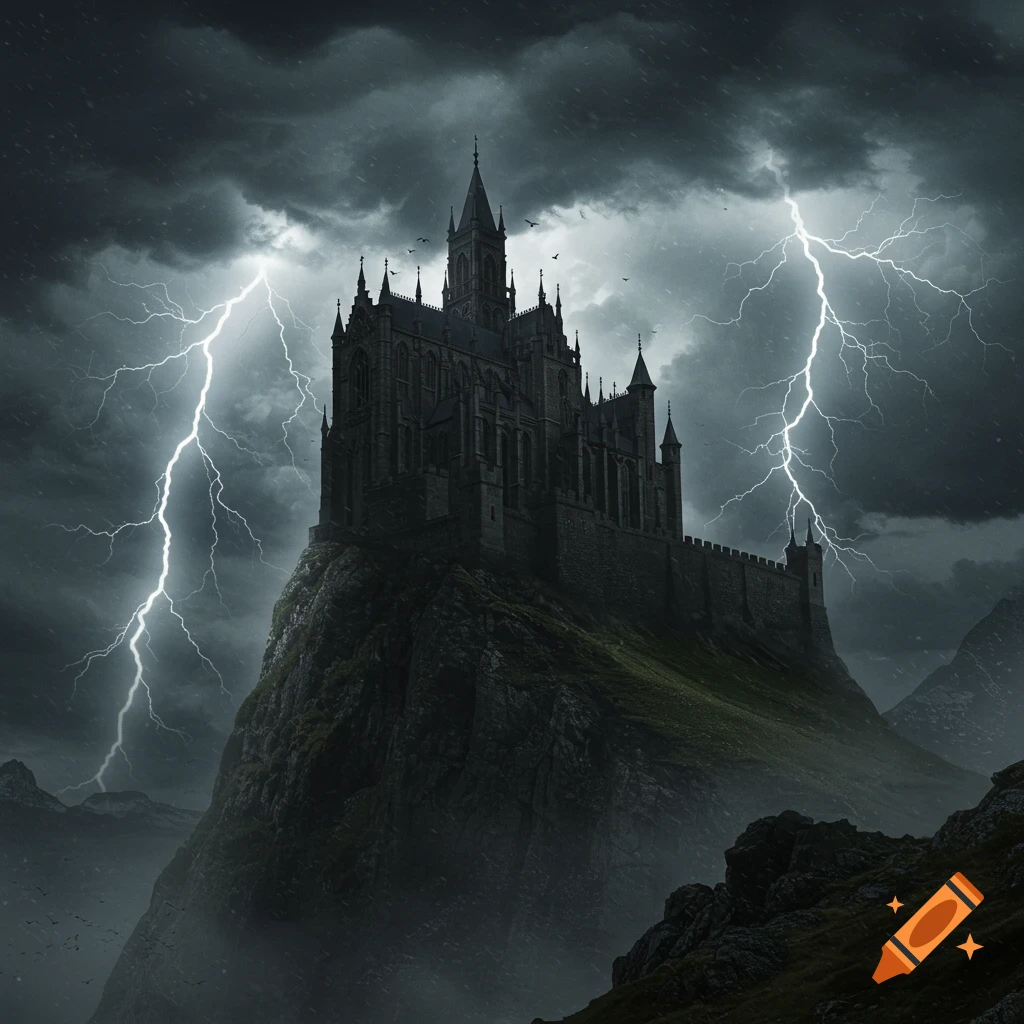 A dark castle stands on a rocky hill during a thunderstorm with lightning.