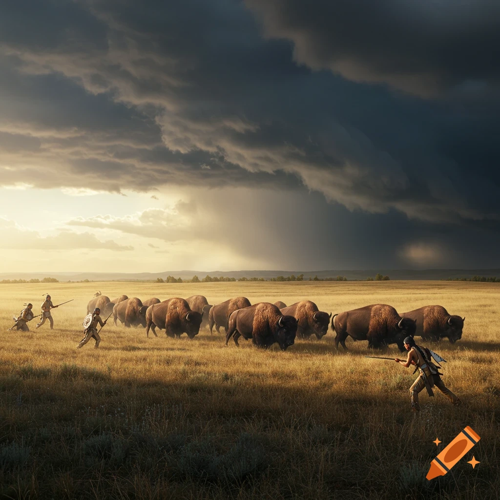 Photorealistic scene of Native Americans hunting a herd of bison in a sunny field with dark storm clouds approaching.