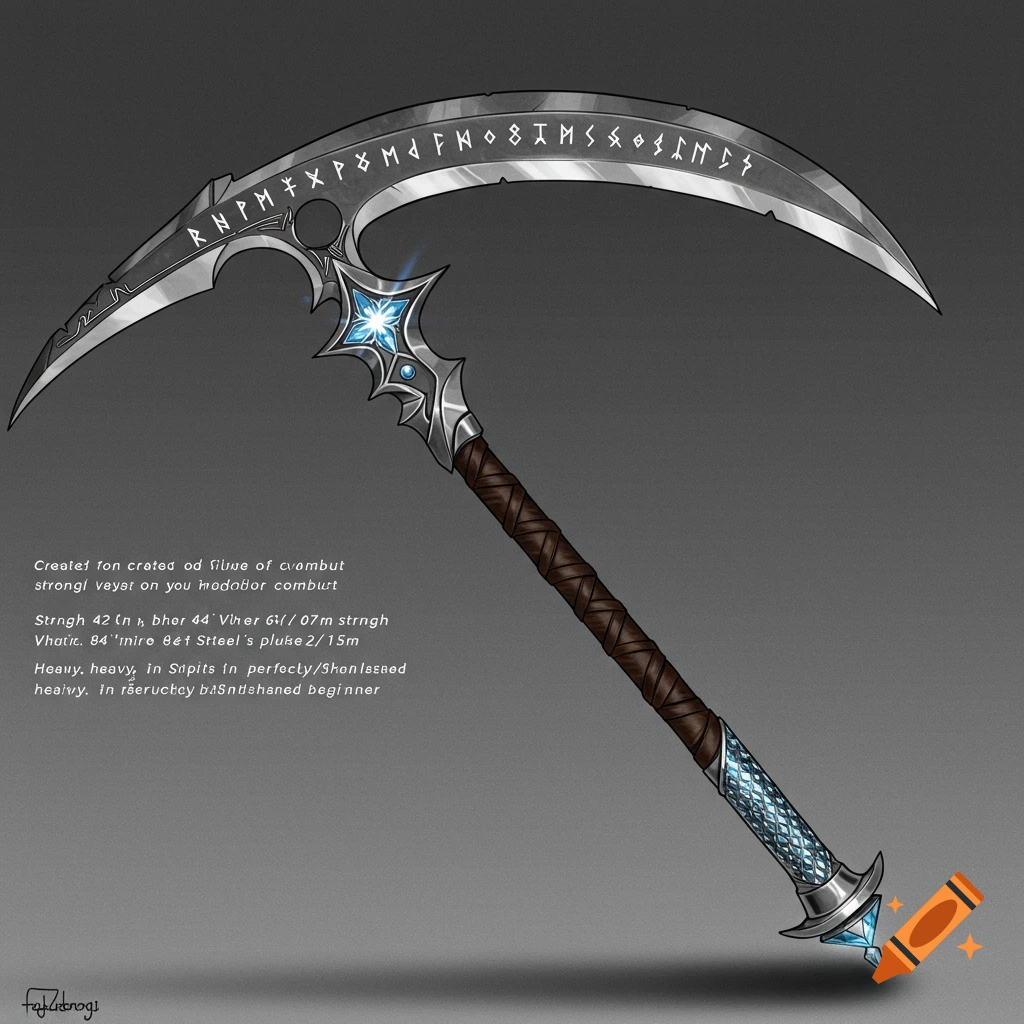 A fantasy silver scythe with glowing blue accents, runes on the blade, and a wrapped handle.