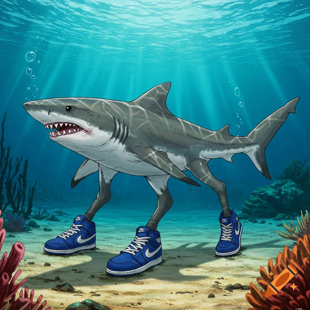 Illustration of a shark with legs wearing blue high-top sneakers walking on the ocean floor.