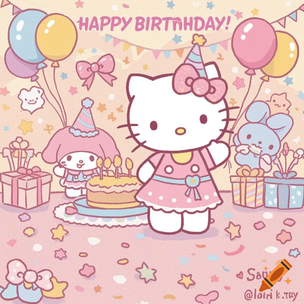 Cartoon illustration of Hello Kitty, My Melody, and a bunny celebrating a birthday with cake, balloons, and gifts.