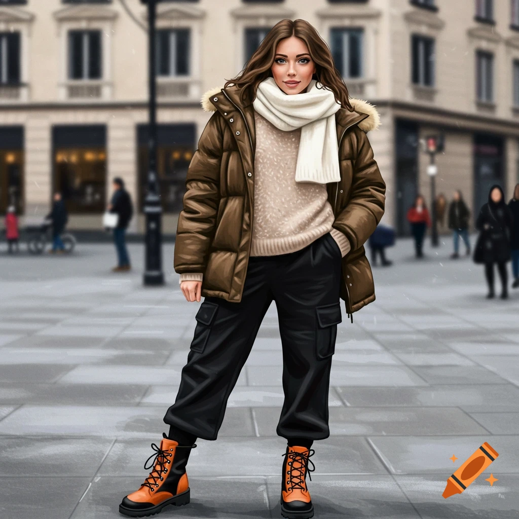 A woman in a brown puffer coat, white scarf, black pants, and orange boots poses in a city street.