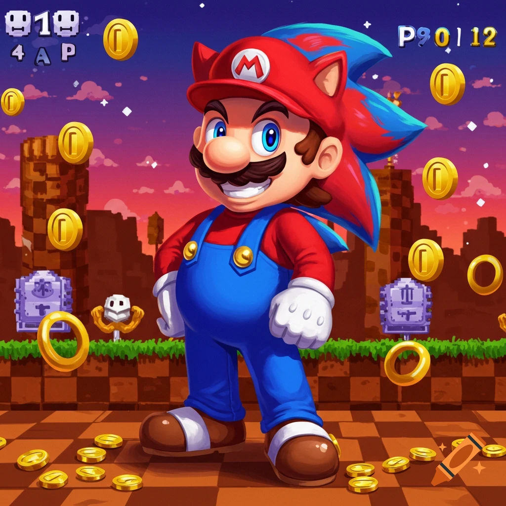 A character fusing Mario and Sonic in a video game scene with coins and blocks.