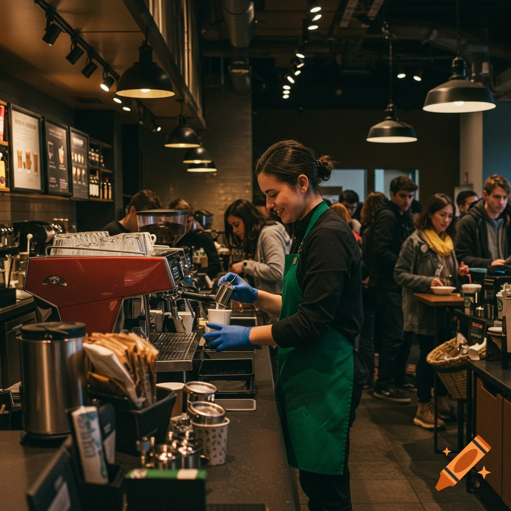 A barista pours milk into a cup at a busy coffee shop counter.