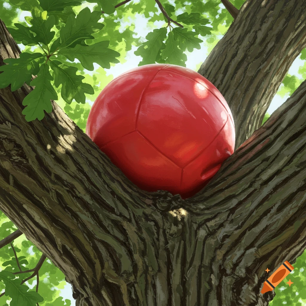 A red ball is stuck in the branches of a tree.