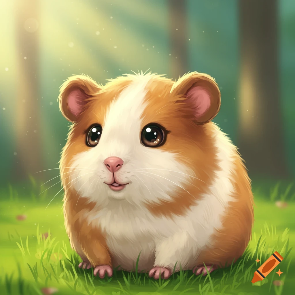 A cute cartoon guinea pig-like creature sits in a sunny forest clearing.