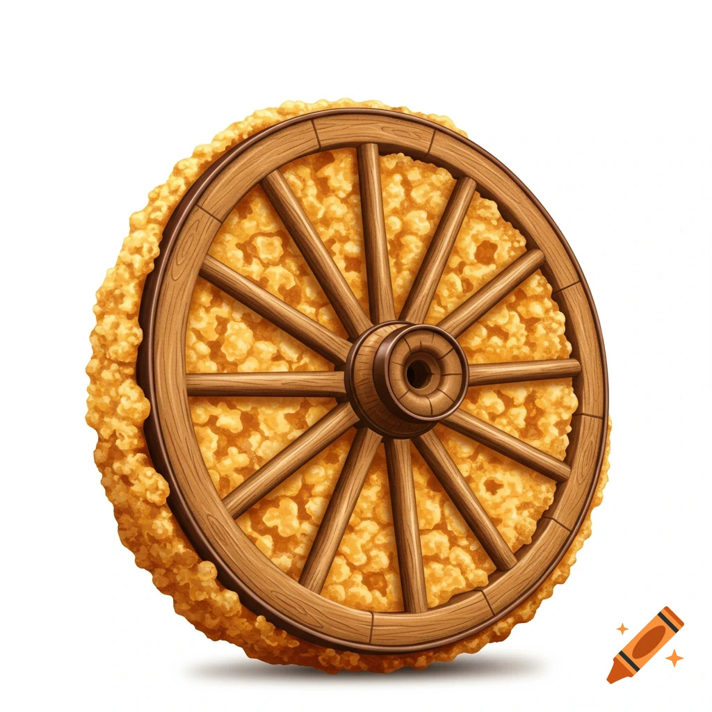 A wagon wheel made from cereal flakes.