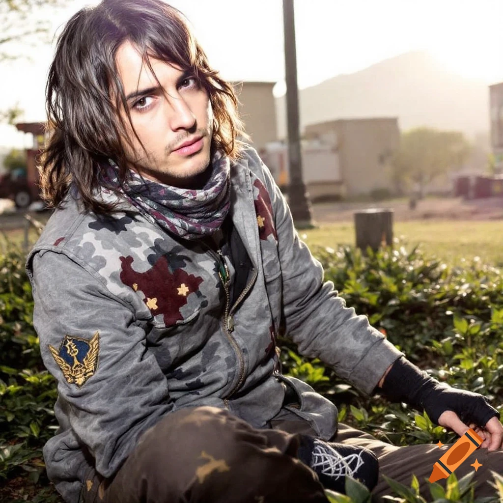 A man with long hair and a scarf wears a camouflage jacket while sitting in a sunny park.