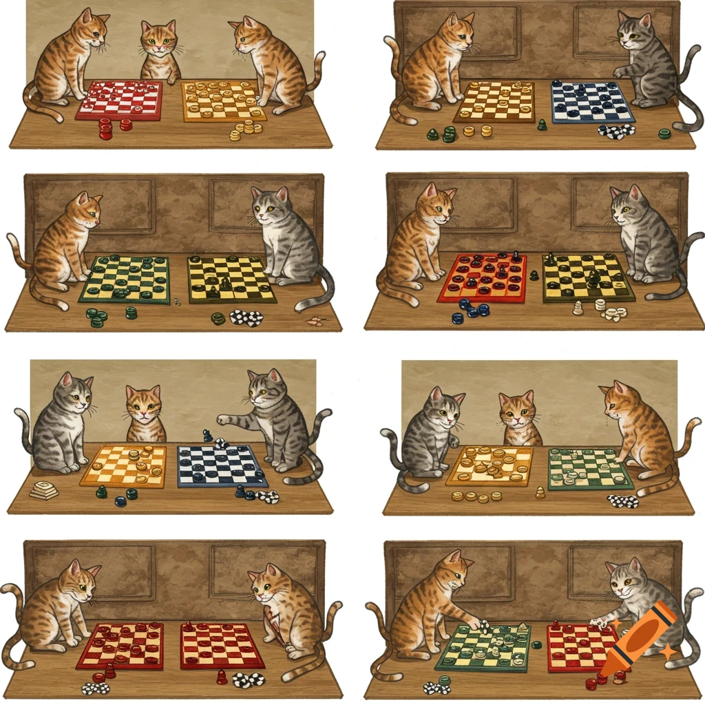 Grid of illustrations showing cats playing checkers on wooden tables.