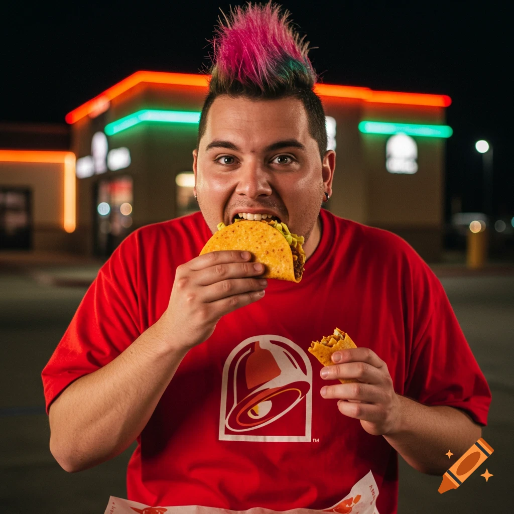 Person with colorful hair eating a taco outside Taco Bell at night.