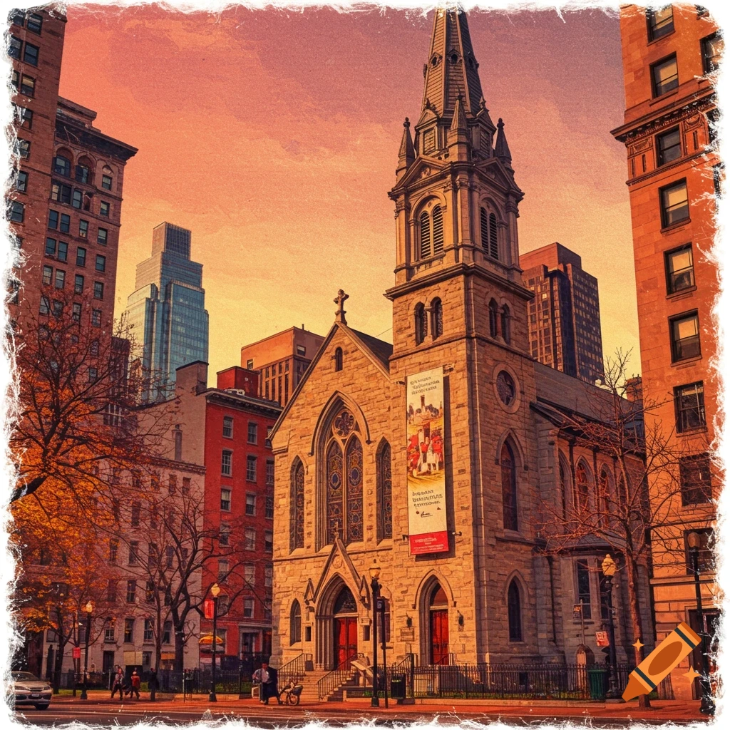 A church and city buildings at sunset with a banner on the church.