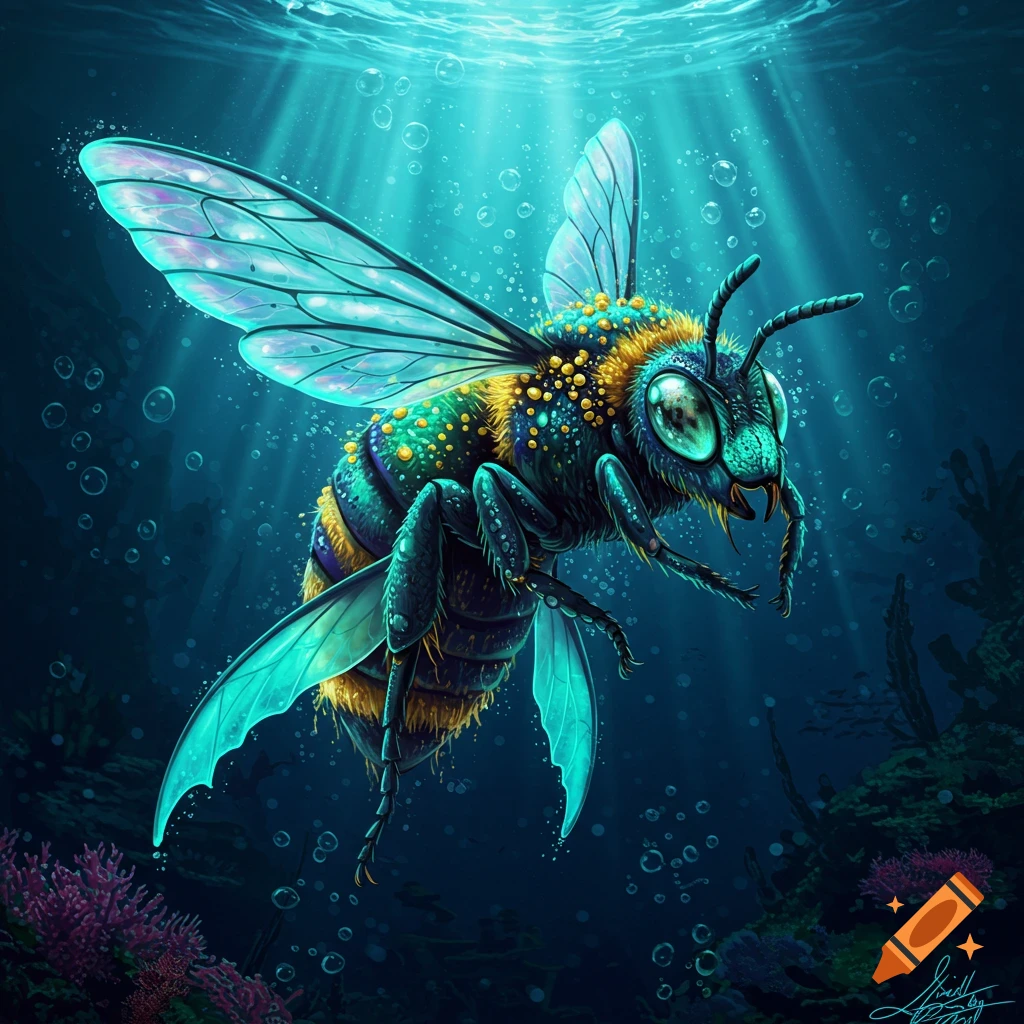 A large, stylized bee with fins and waterproof wings swims underwater amidst coral and light rays.