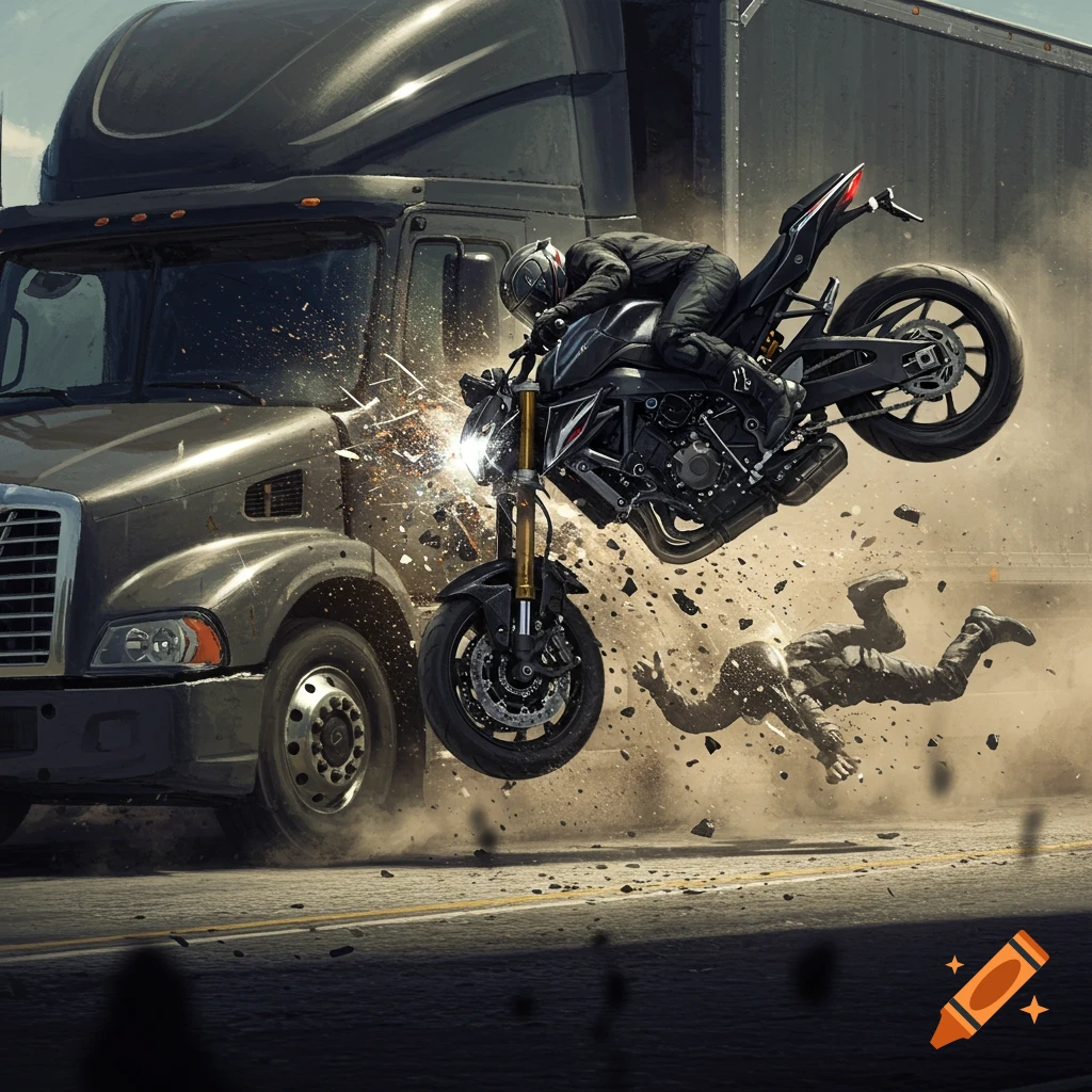 Motorcycle collides with a truck in a chaotic action scene, with a person falling.