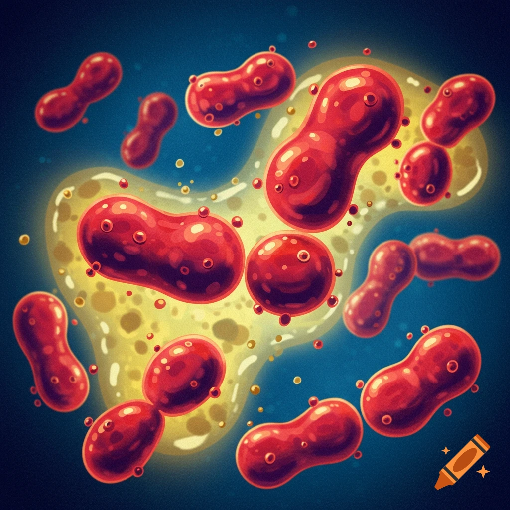 Red bacteria cells in a yellow medium.