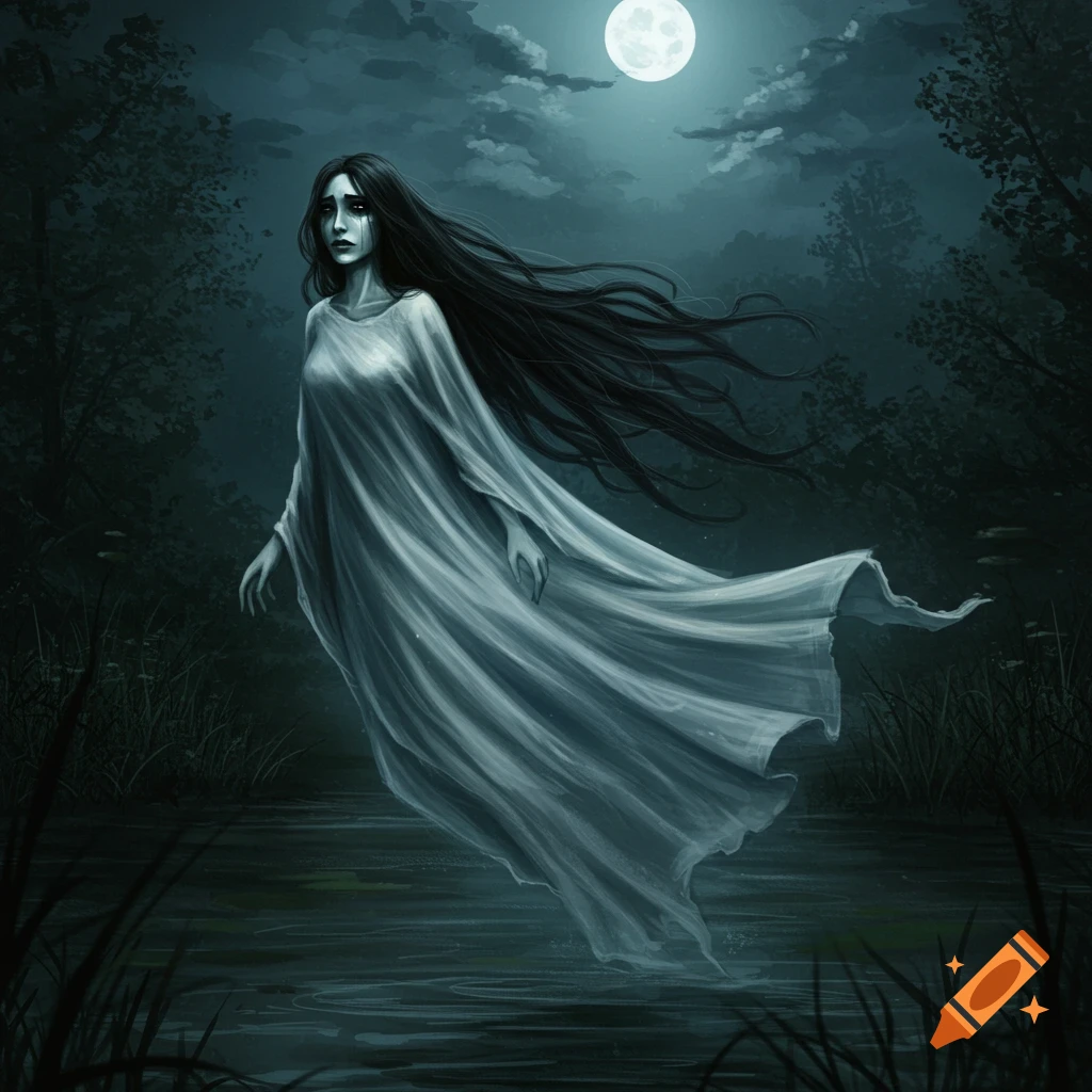 A spectral woman with long dark hair floats over dark water at night under a full moon.