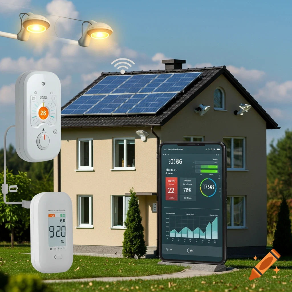 A house with solar panels and smart home devices, including a phone displaying energy management data.