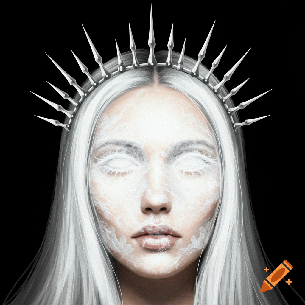 A portrait of a woman with white hair, a spiky silver crown, and a white veil over her face.