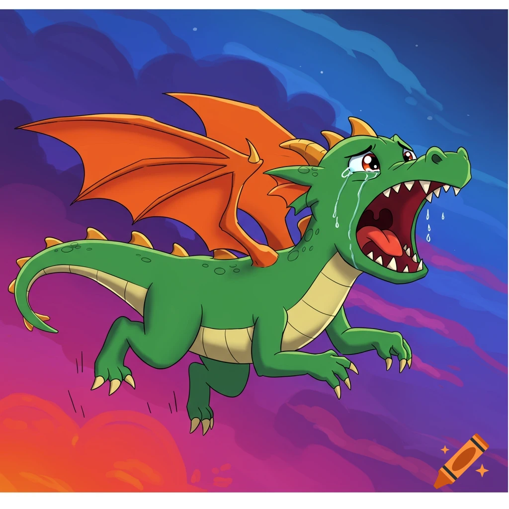 A green cartoon dragon with orange wings cries while flying through a colorful sky.