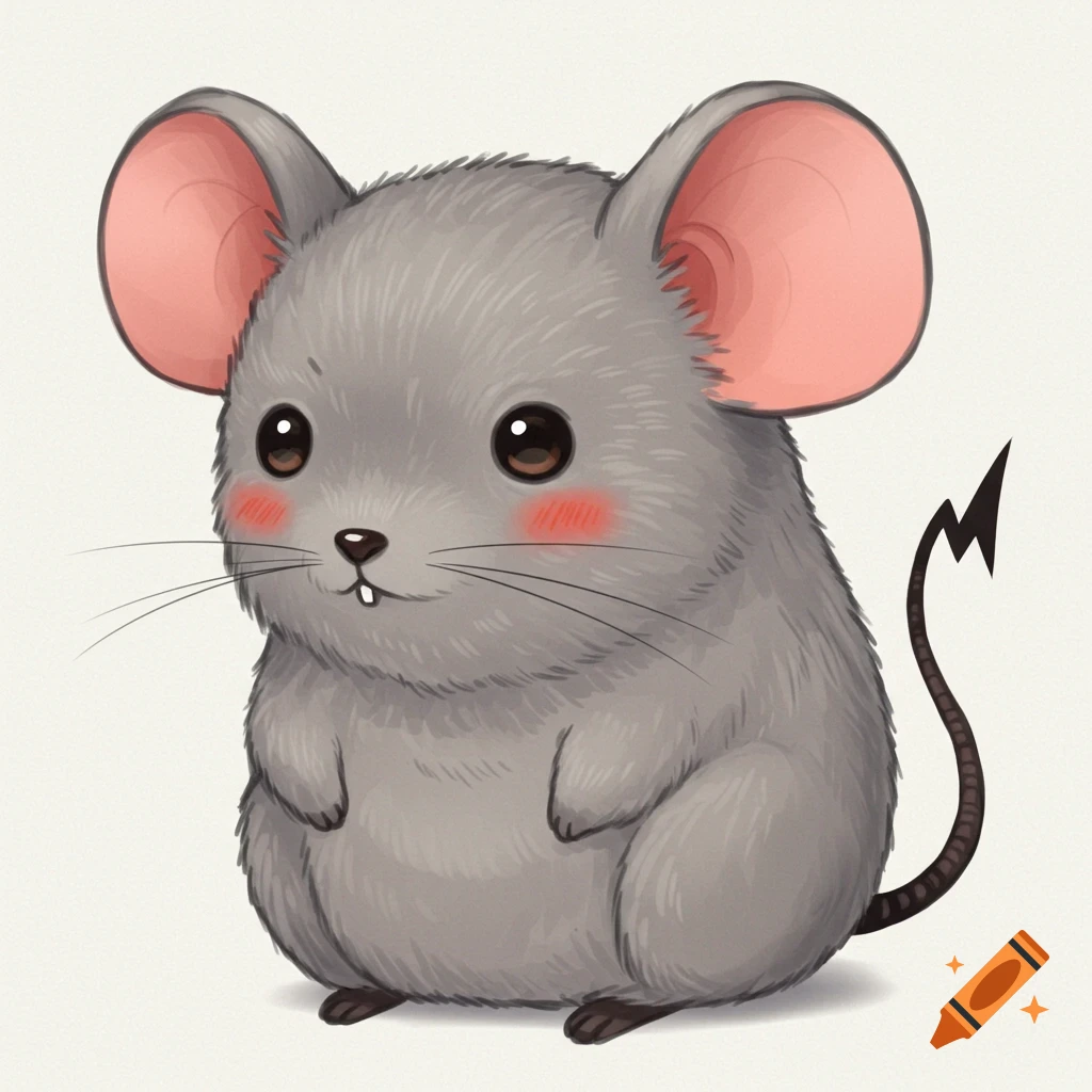 Cute cartoon mouse with big ears, red cheeks, and a lightning bolt tail