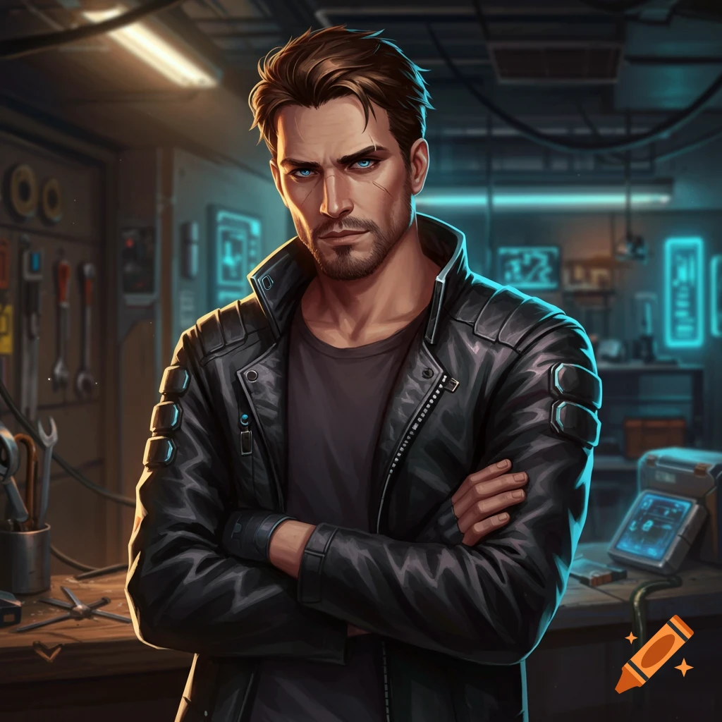 A man in a leather jacket with crossed arms, standing in a futuristic workshop.
