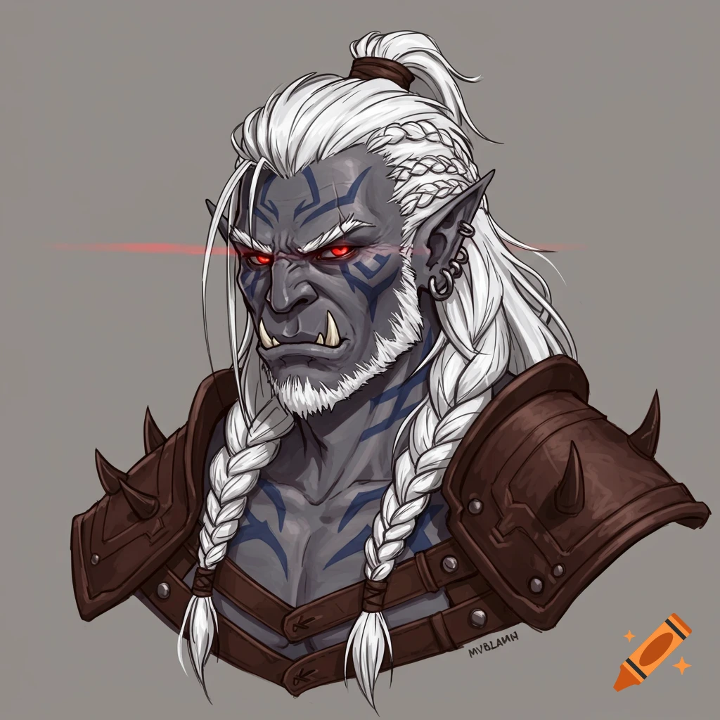 Drawn portrait of a grey-skinned half-orc with white braided hair, red eyes, tribal tattoos, and leather armor.