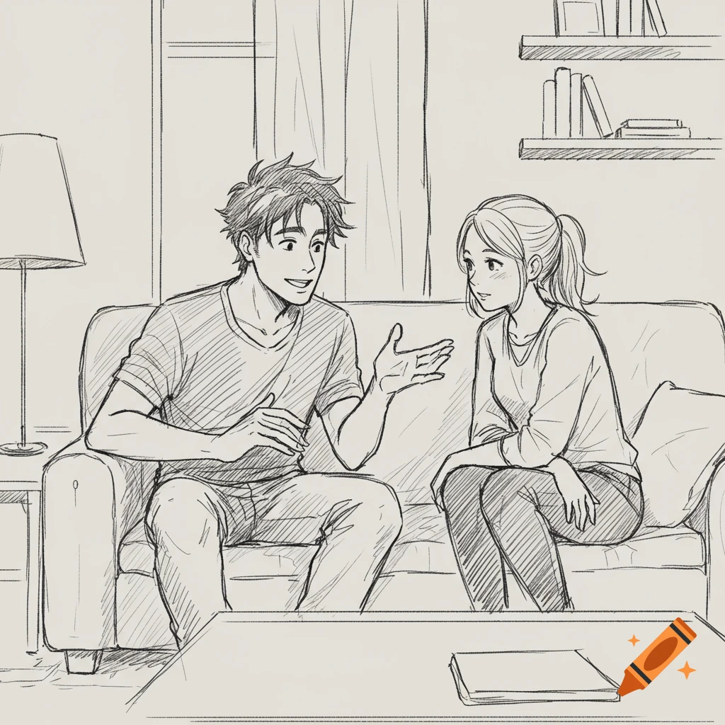 Black and white sketch of a man and woman talking on a couch in a ...