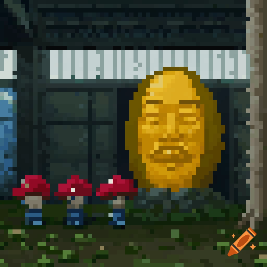 Pixel art scene of humanoid mushrooms worshipping a large golden head.