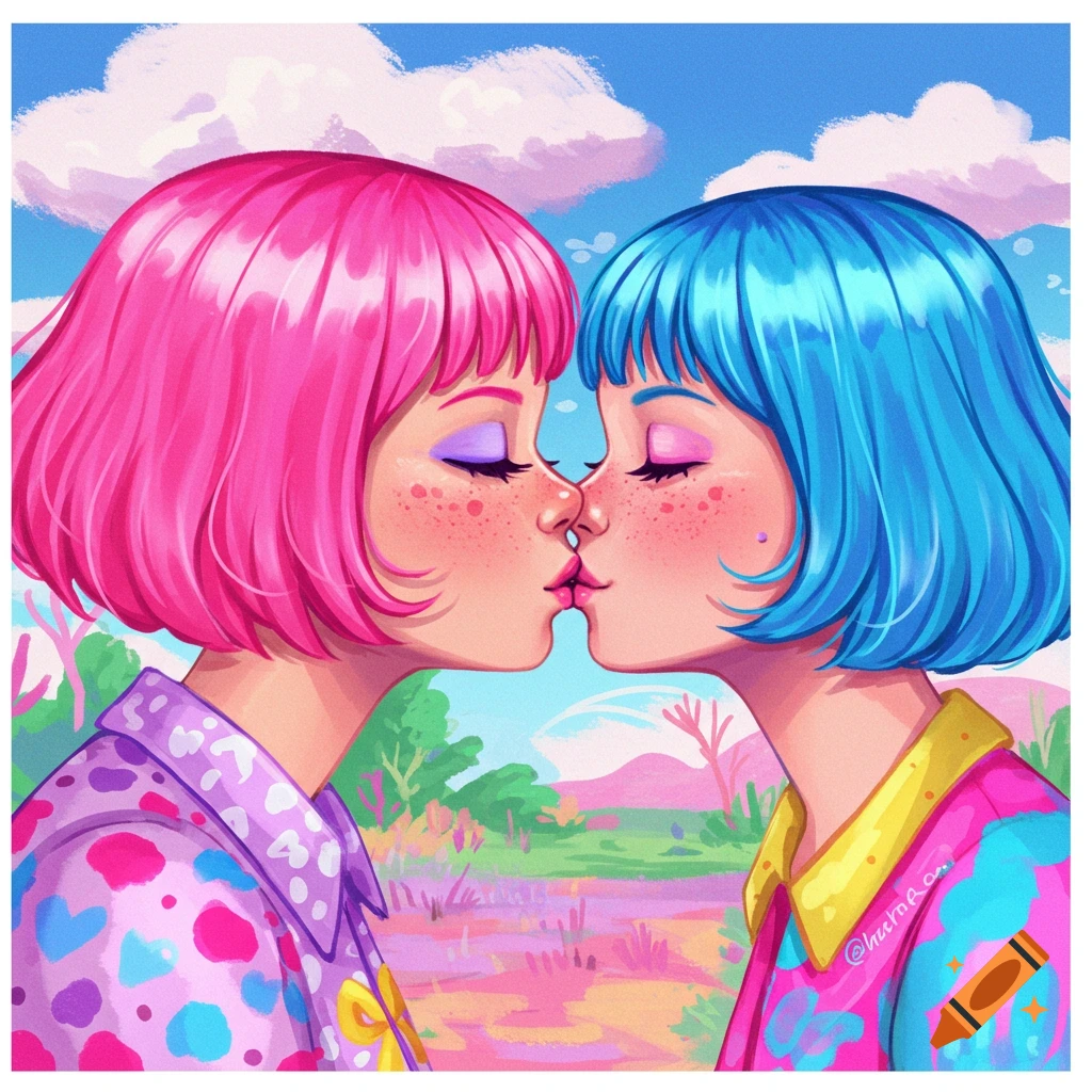 Stylized illustration of two girls with pink and blue hair kissing in a colorful landscape.