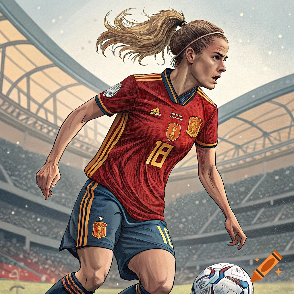 A stylized illustration of a female soccer player in a red and gold Spain jersey dribbling a ball in a stadium.