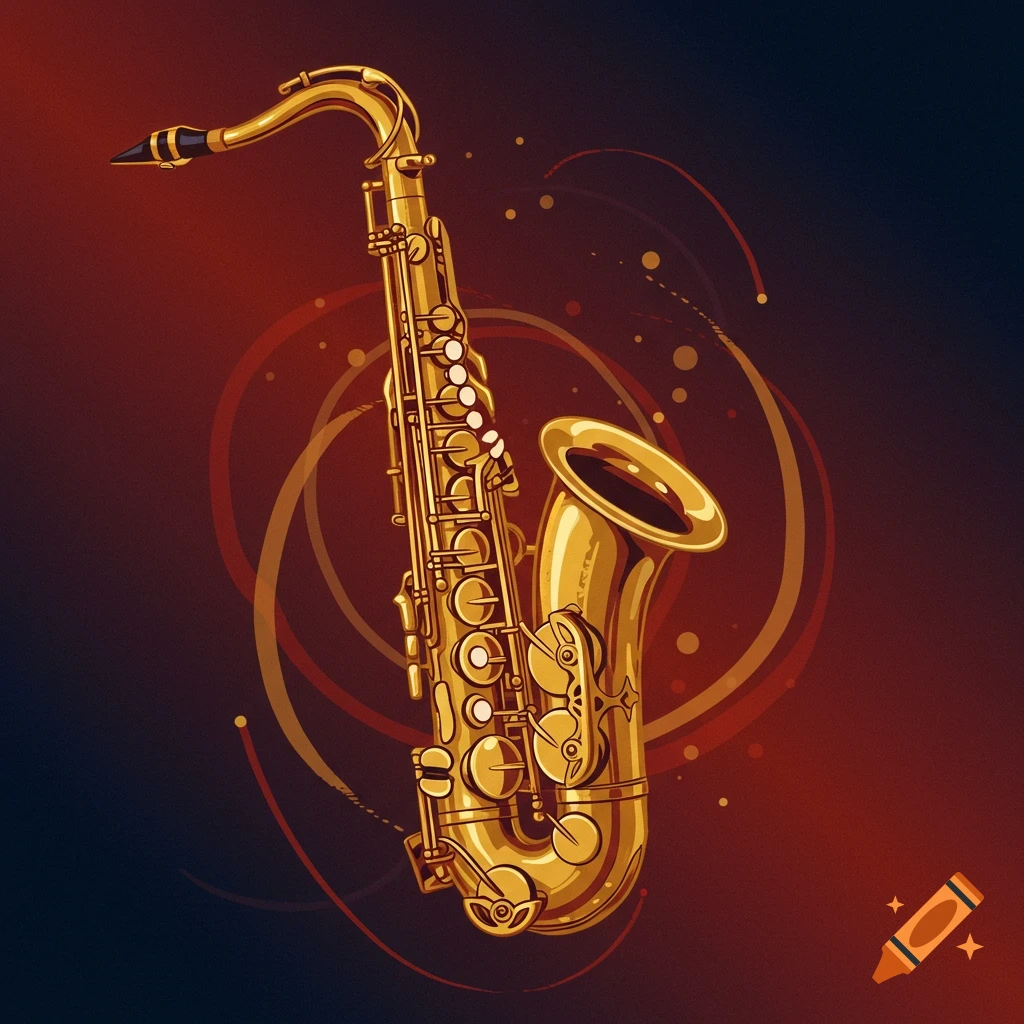 Illustration of a golden saxophone with abstract shapes in the background.