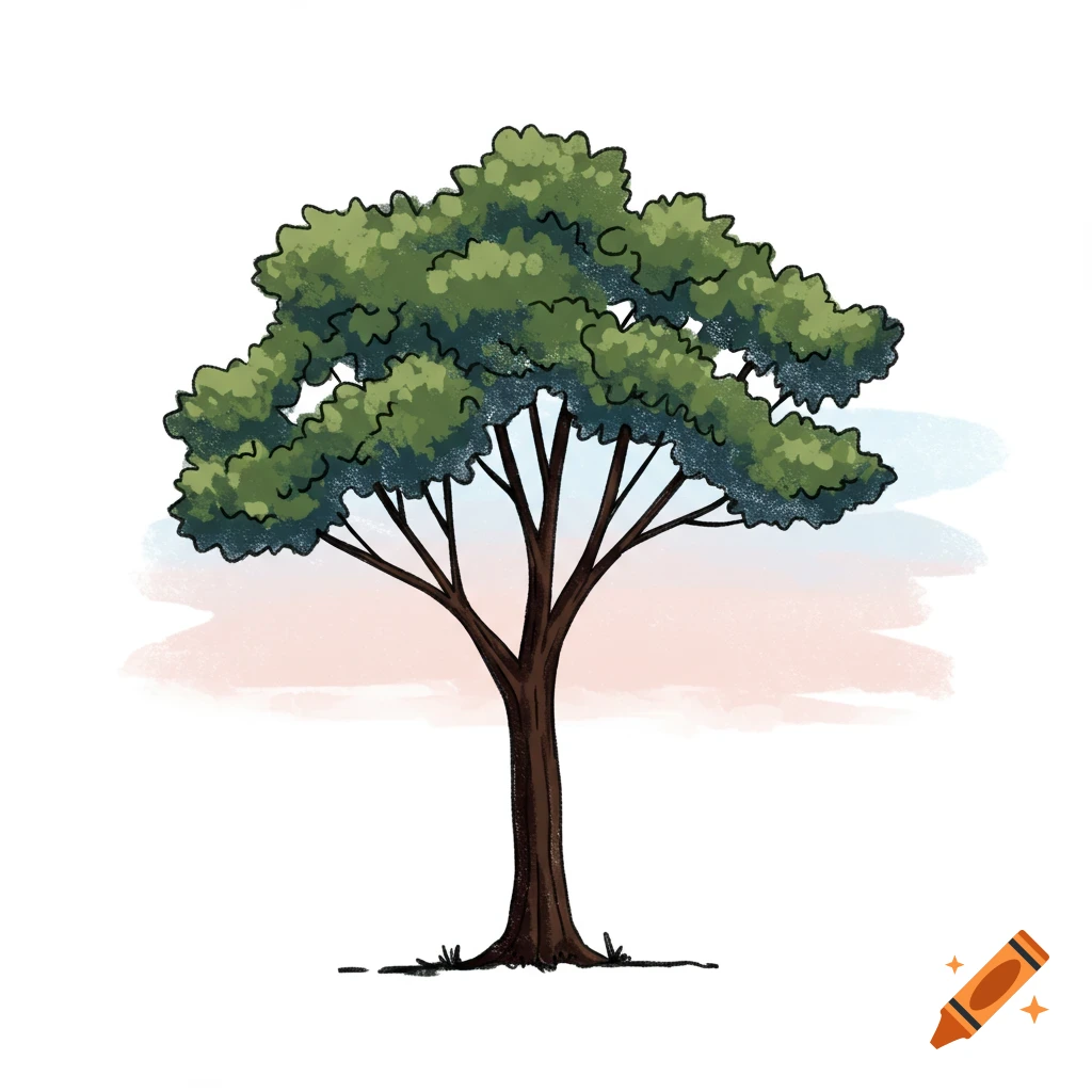A simple illustration of a tree with a brown trunk and green leaves against a white and pastel background.