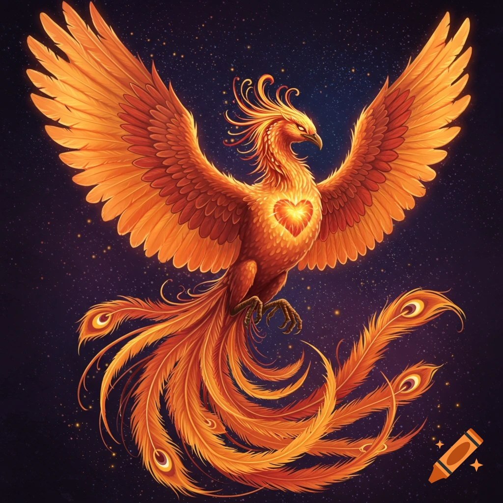 A vibrant orange phoenix with wings spread, a glowing heart on its chest, against a dark starry sky.