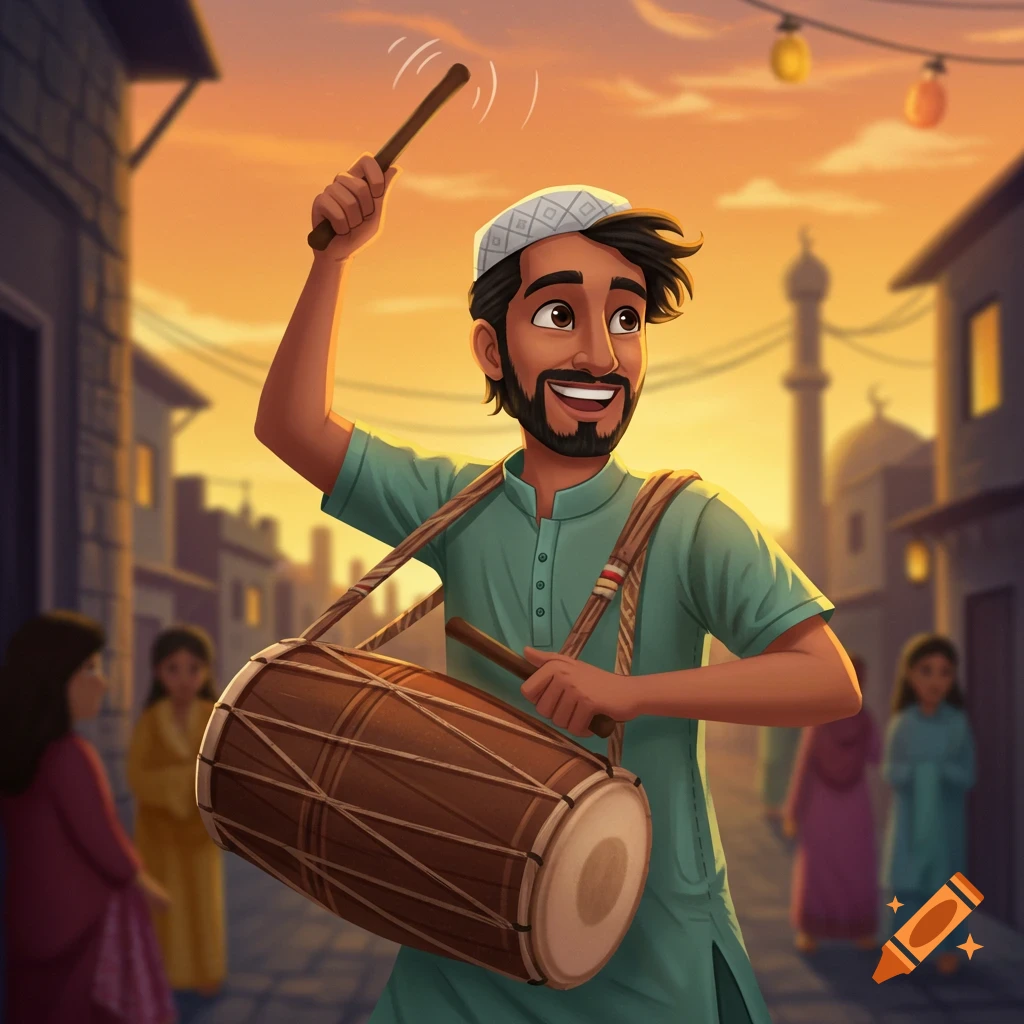 A man plays a drum (dhol) on a street at sunset, with people in the background.