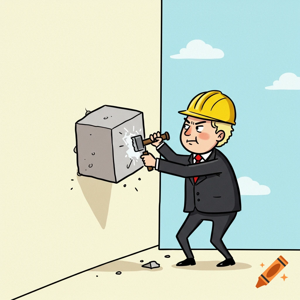 Cartoon man resembling Donald Trump in a suit and hard hat chiseling a large block by a wall with a small hole.