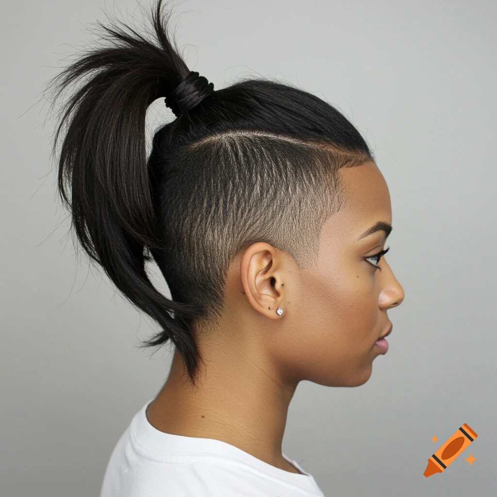 Profile view of a woman with a short ponytail and faded sides.