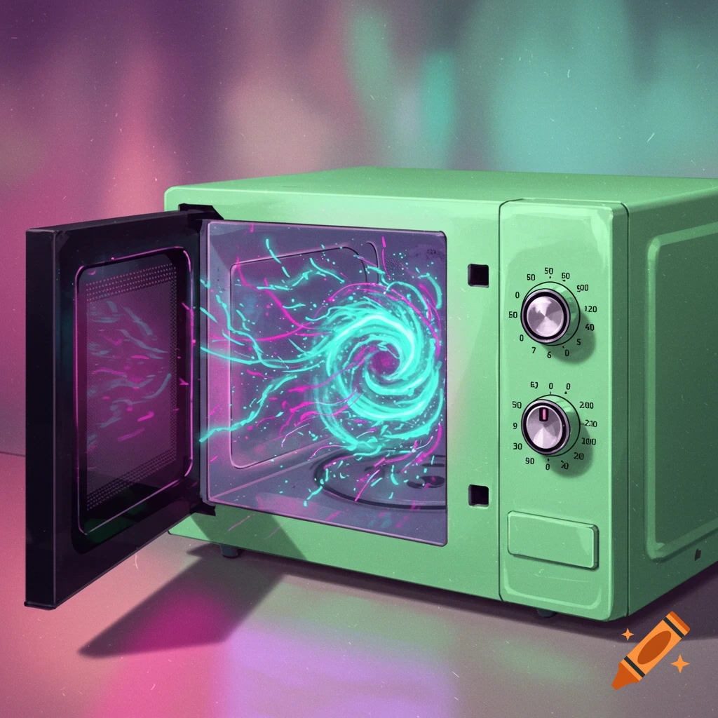 A green microwave with its door open, revealing a swirling blue and pink energy vortex within.