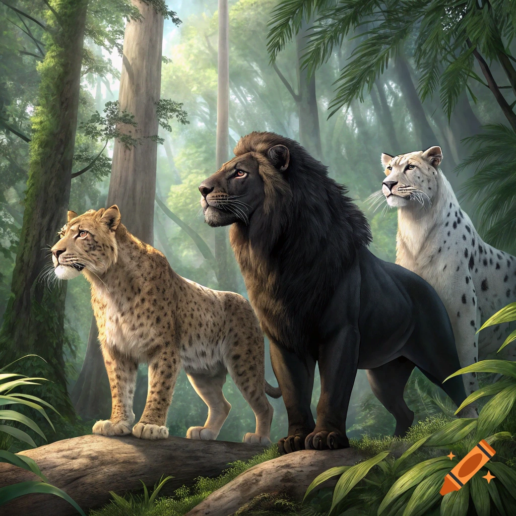 A black lion, a spotted leopard, and a white leopard stand on a log in a lush forest.