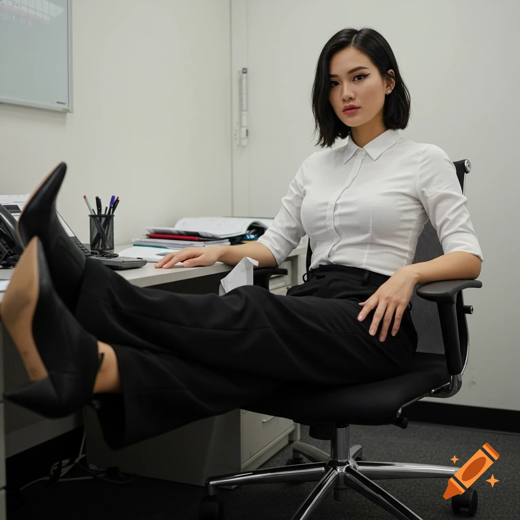 A woman sits in an office chair with her feet up on the desk.