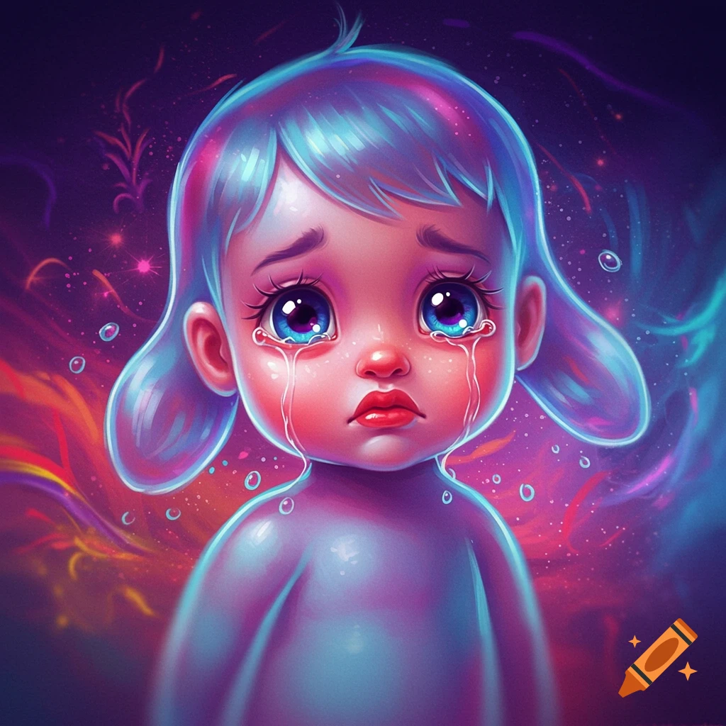 Surreal image of a crying child with blue hair against a swirling colorful background.