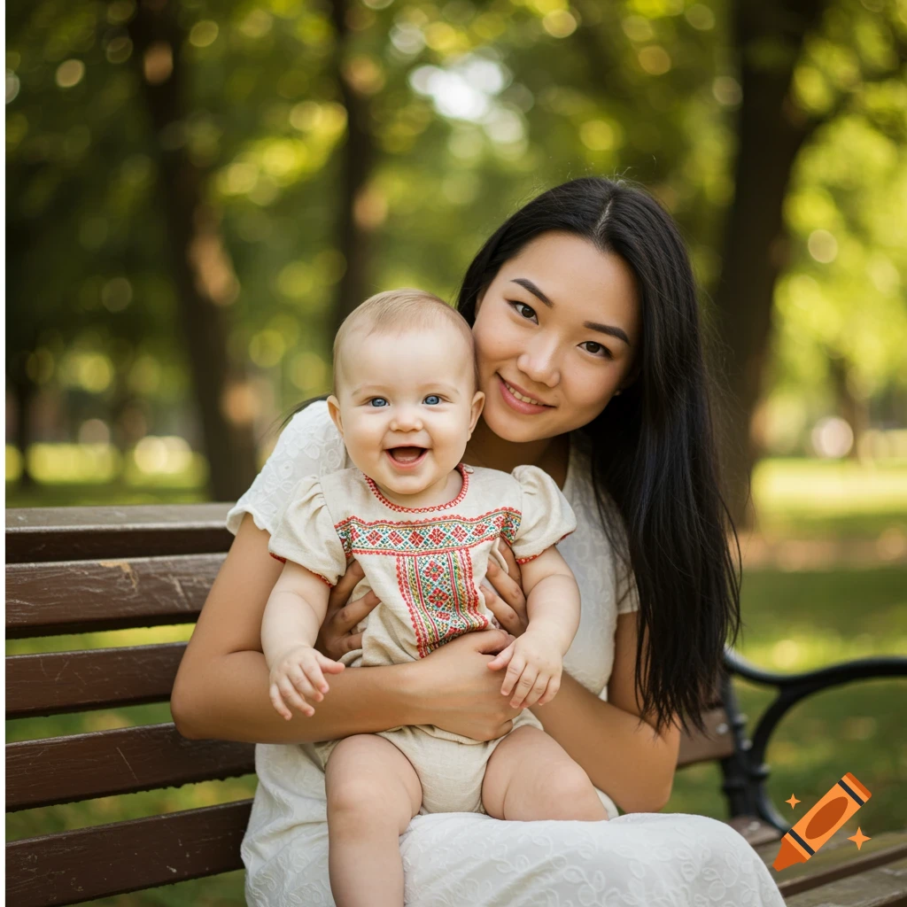 Photorealistic portrait of an Asian woman holding a baby on a park bench