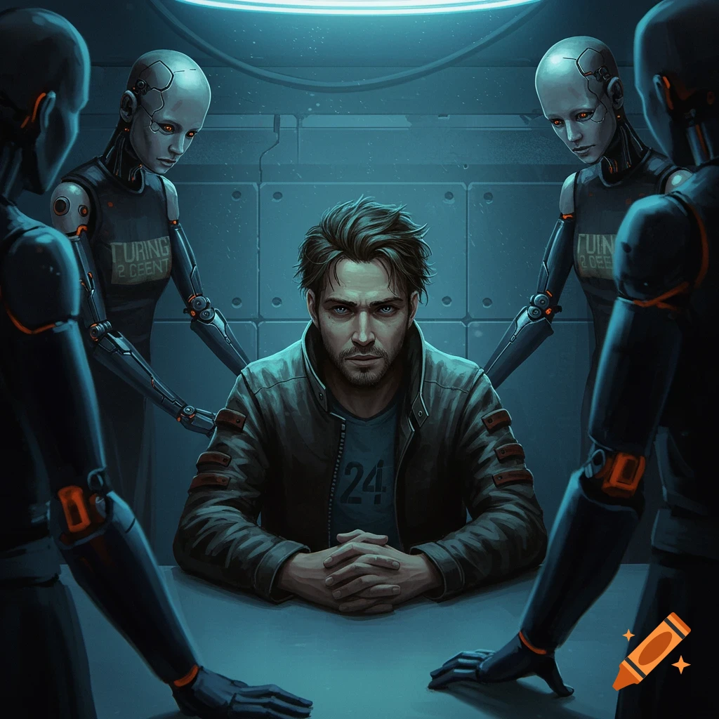 A man being questioned by robots in a sci-fi interrogation room.