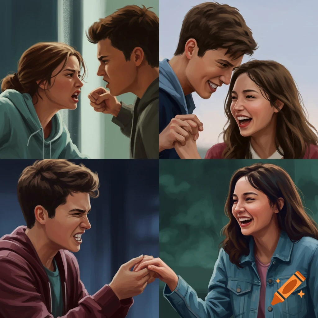 A split-screen image shows a girl arguing with a boy on the left and smiling while holding hands with a different boy on the right.