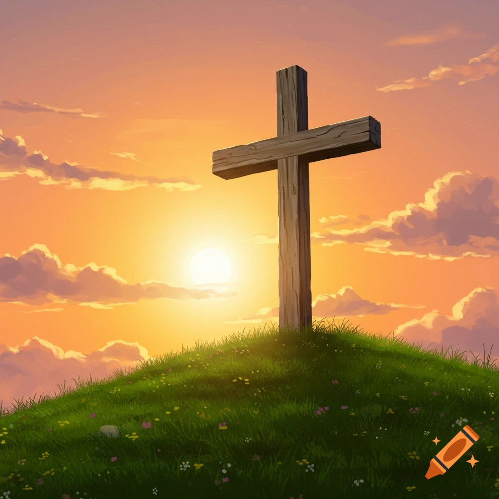 A wooden cross on a green hill at sunset.