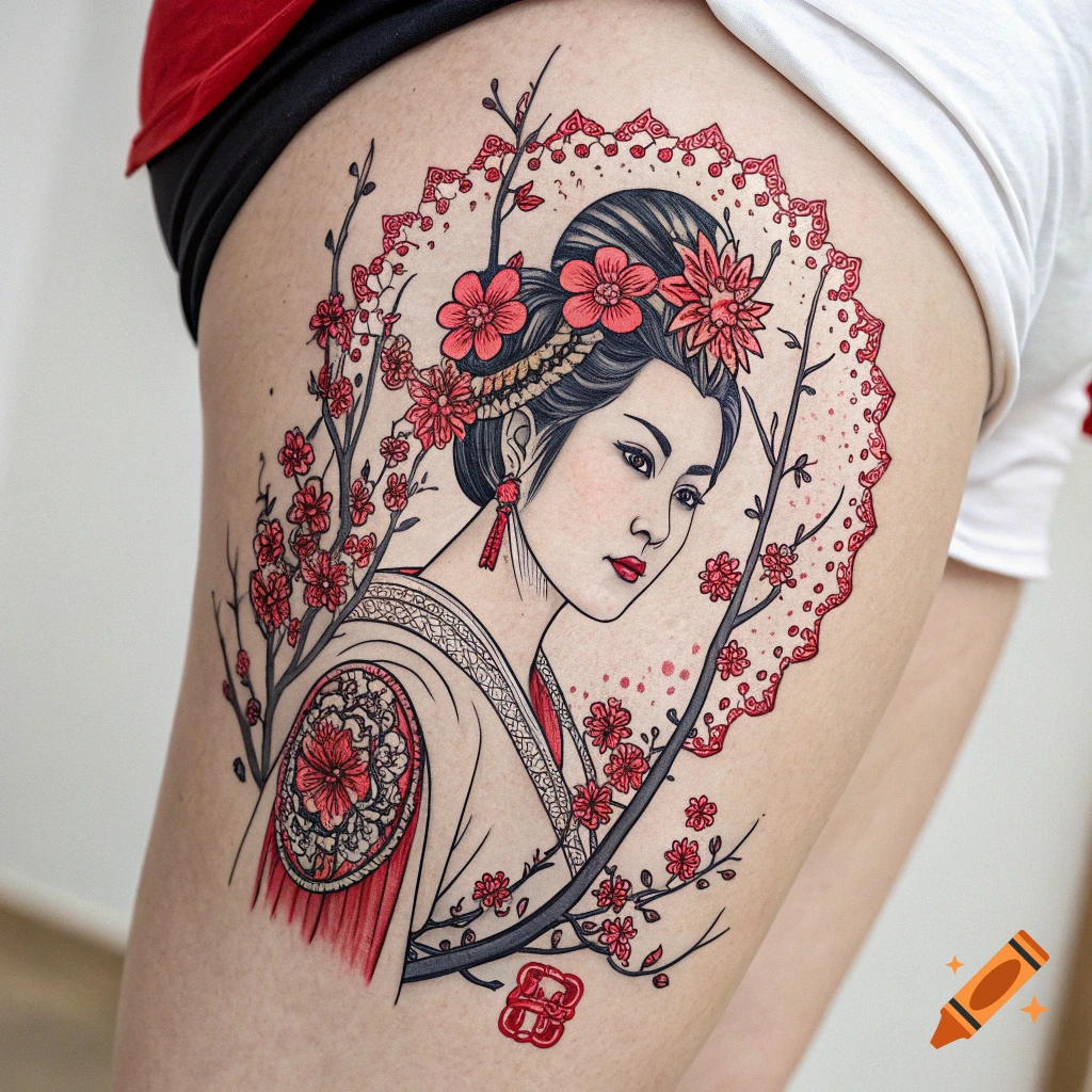 Tattoo of a woman in traditional East Asian style with cherry blossoms on a thigh in red and black ink linework.