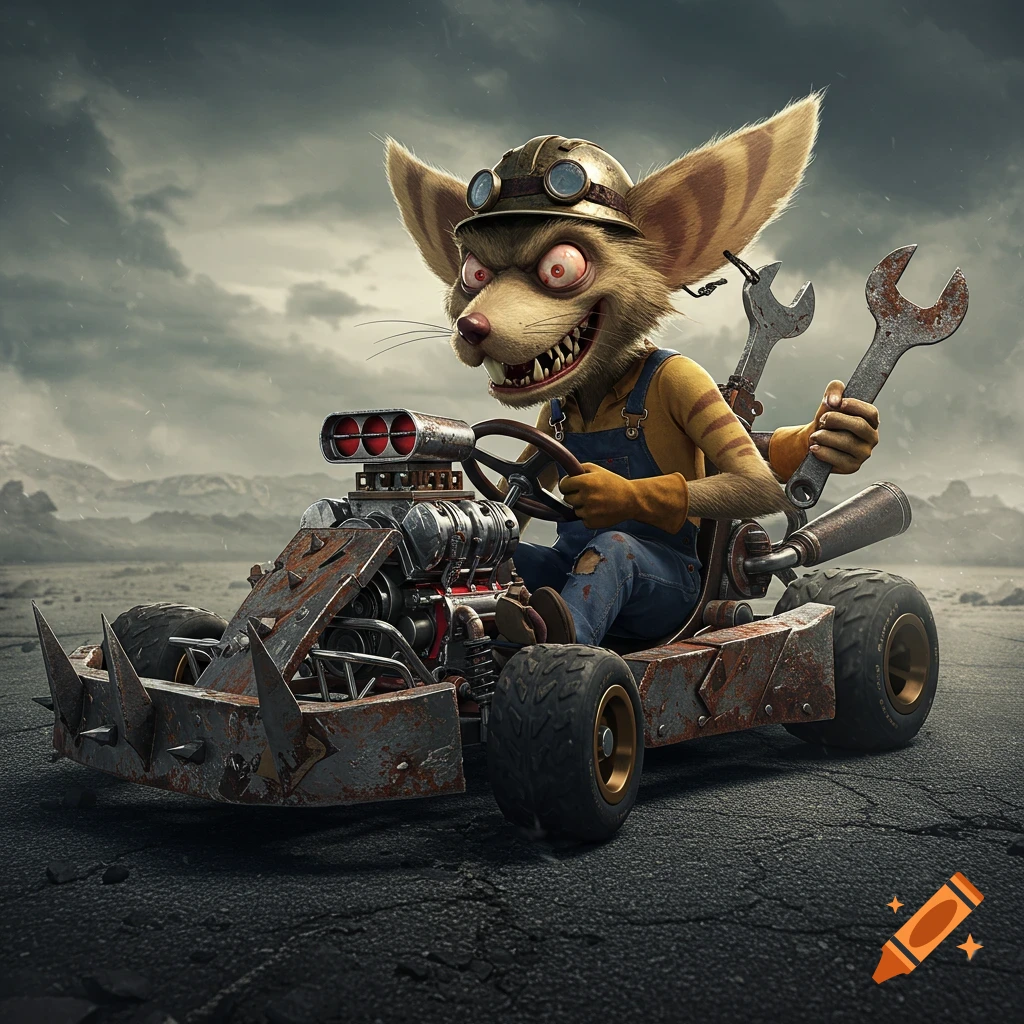 A cartoon rat character in overalls drives a spiked go-kart in a wasteland.
