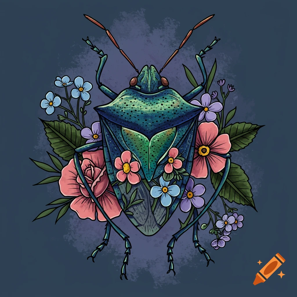 Tattoo style illustration of a stink bug surrounded by colorful flowers and leaves.