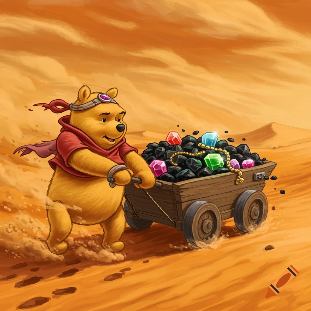 Illustration of Winnie the Pooh pulling a cart laden with coal and colorful gems through a desert sandstorm.