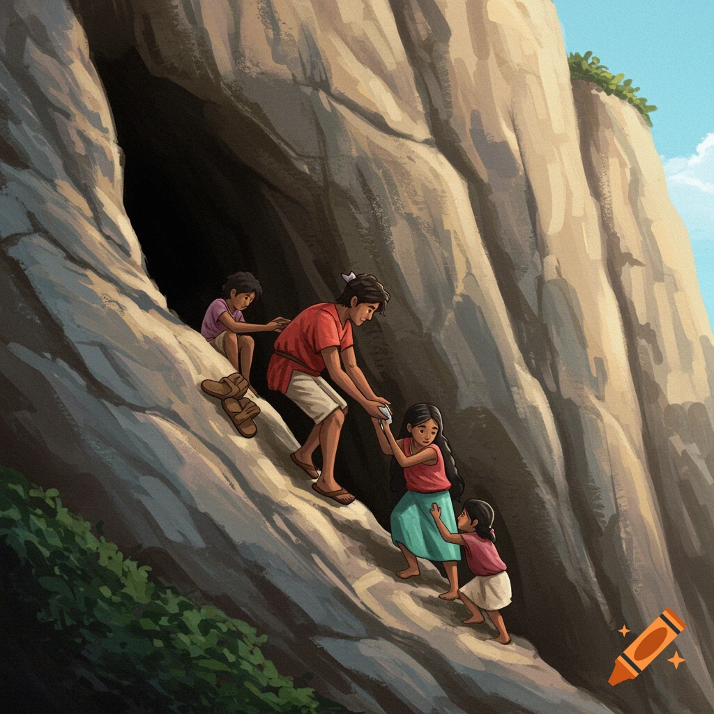 A family climbs into a shallow cave on a cliff face.