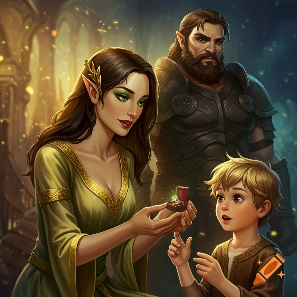 A fantasy scene with an elf-like woman showing a glowing ring to a boy, and a warrior standing behind them.